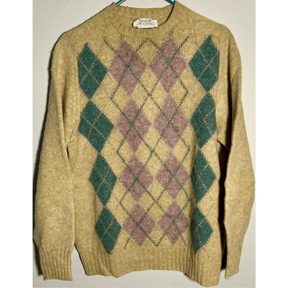 Vintage Trident 100% Shetland Wool Tan Teal Purple Argyle Scotland Sz XL